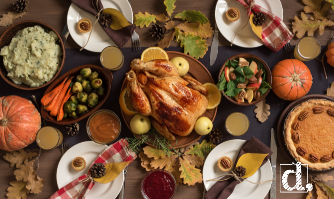 A beautiful display of the Thanksgiving Recipes, including turkey, pies and mashed potatoes