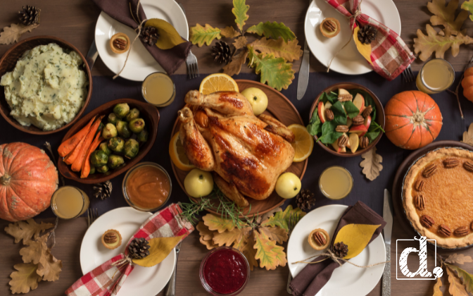 A beautiful display of the Thanksgiving Recipes, including turkey, pies and mashed potatoes