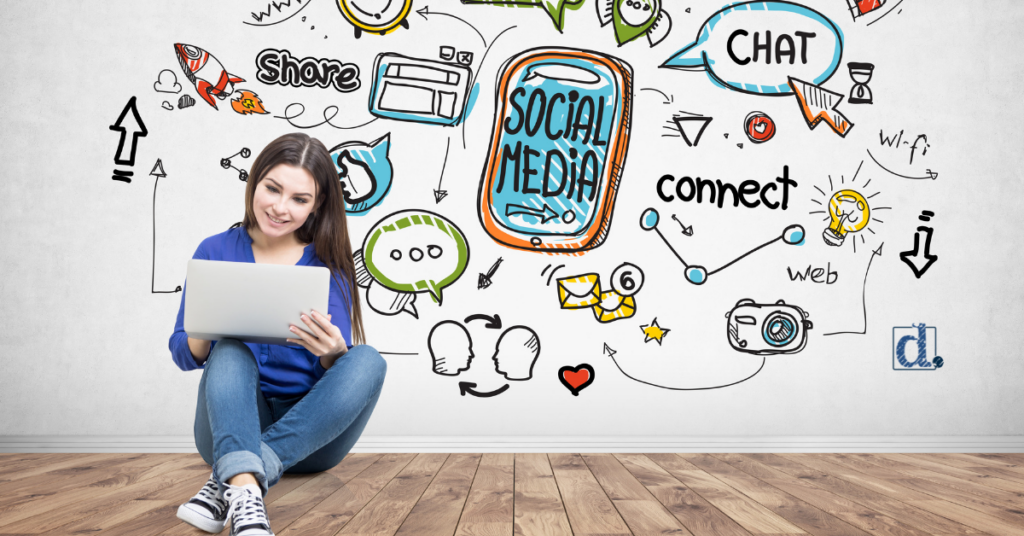 girl wearing denim jeans in front of a wall with social media trends